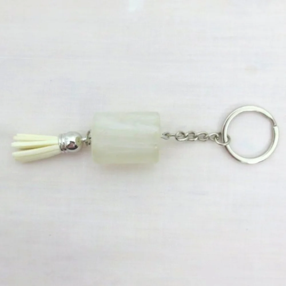 New Handcrafted Keychain Bag Charm White Beaded Boho Leather Tassel Swivel Clip